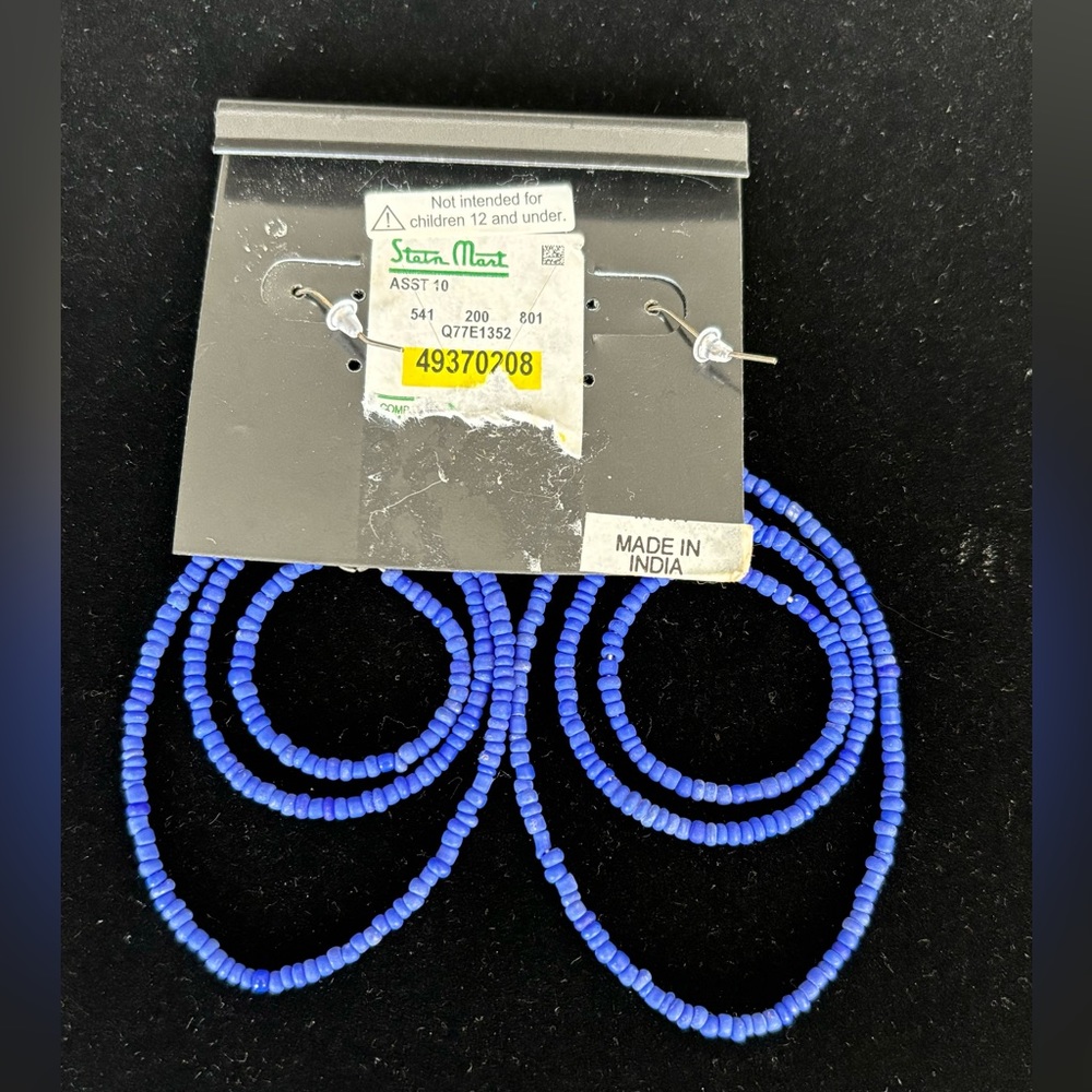 Bright Blue Seed Bead Pierced Earrings 3" Long Including Hook New With Tags. - Picture 2 of 3
